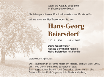 Traueranzeige von Hans-Georg Beiersdorf von Neubrandenburger Zeitung