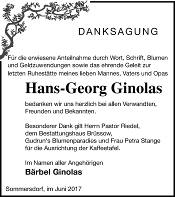 Traueranzeige von Hans-Georg Ginolas von Pasewalker Zeitung