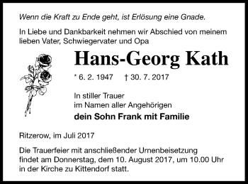 Traueranzeige von Hans-Georg Kath von Mecklenburger Schweiz