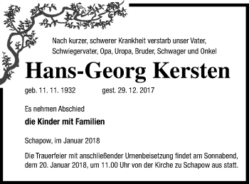 Traueranzeige von Hans-Georg Kersten von Prenzlauer Zeitung