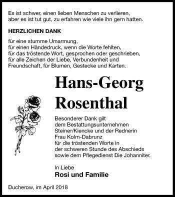 Traueranzeige von Hans-Georg Rosenthal von Vorpommern Kurier