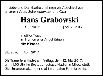 Traueranzeige von Hans Grabowski von Strelitzer Zeitung