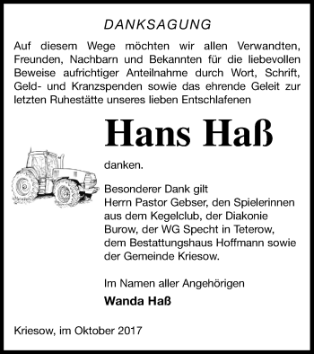 Traueranzeige von Hans Haß von Neubrandenburger Zeitung