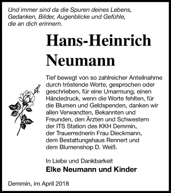 Traueranzeige von Hans-Heinrich Neumann von Demminer Zeitung