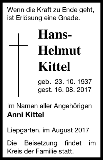 Traueranzeige von Hans-Helmut Kittel von Haff-Zeitung