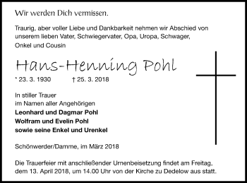 Traueranzeige von Hans-Henning Pohl von Prenzlauer Zeitung