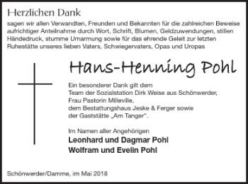 Traueranzeige von Hans-Henning Pohl von Prenzlauer Zeitung