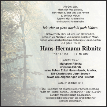 Traueranzeige von Hans-Hermann Ribnitz von Vorpommern Kurier