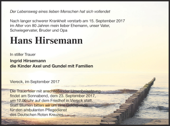 Traueranzeige von Hans Hirsemann von Haff-Zeitung