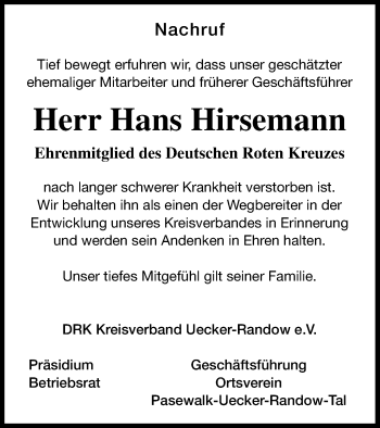 Traueranzeige von Hans Hirsemann von Haff-Zeitung