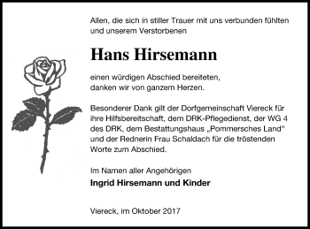 Traueranzeige von Hans Hirsemann von Haff-Zeitung