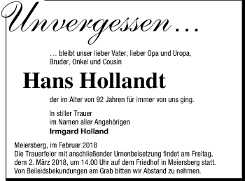 Traueranzeige von Hans Hollandt von Haff-Zeitung