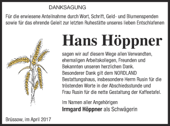 Traueranzeige von Hans Höppner von Prenzlauer Zeitung