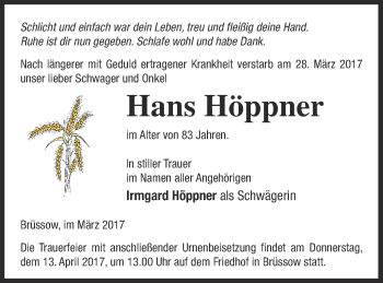 Traueranzeige von Hans Höppner von Prenzlauer Zeitung