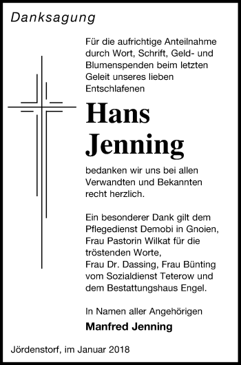 Traueranzeige von Hans Jenning von Mecklenburger Schweiz