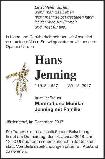 Traueranzeige von Hans Jenning von Mecklenburger Schweiz