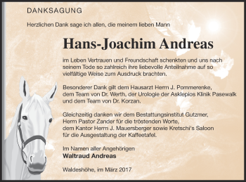 Traueranzeige von Hans-Joachim Andreas von Pasewalker Zeitung