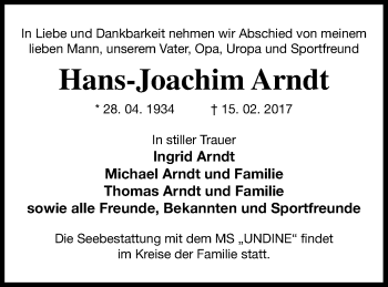 Traueranzeige von Hans-Joachim Arndt von Neubrandenburger Zeitung