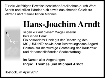 Traueranzeige von Hans-Joachim Arndt von Neubrandenburger Zeitung