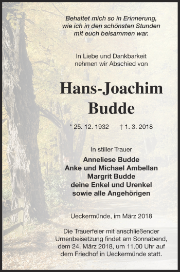 Traueranzeige von Hans-Joachim Budde von Haff-Zeitung