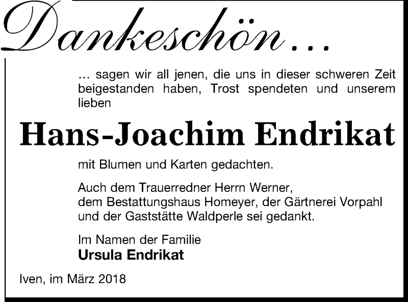  Traueranzeige für Hans-Joachim Endrikat vom 09.03.2018 aus Vorpommern Kurier