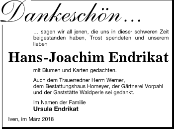 Traueranzeige von Hans-Joachim Endrikat von Vorpommern Kurier