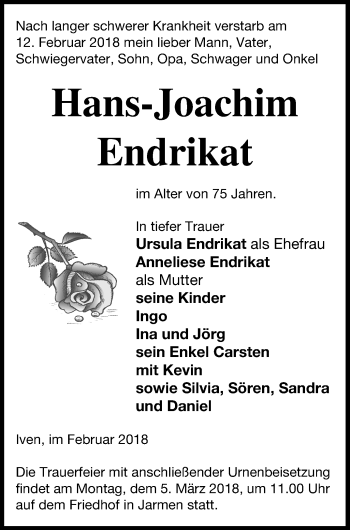 Traueranzeige von Hans-Joachim Endrikat von Vorpommern Kurier