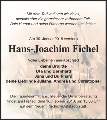 Traueranzeige von Hans-Joachim Fichel von Neubrandenburger Zeitung