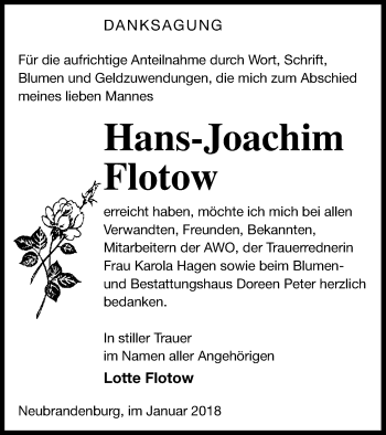 Traueranzeige von Hans-Joachim Flotow von Neubrandenburger Zeitung