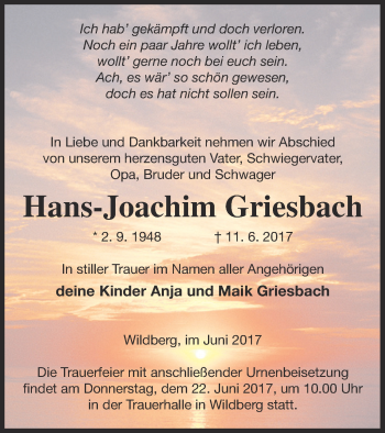 Traueranzeige von Hans-Joachim Griesbach von Neubrandenburger Zeitung