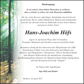 Traueranzeige von Hans-Joachim Höfs von Pasewalker Zeitung