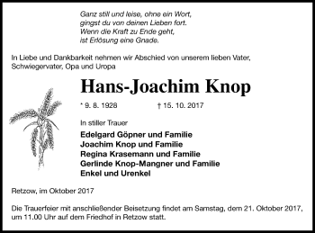 Traueranzeige von Hans-Joachim Knop von Templiner Zeitung