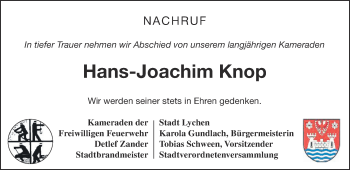 Traueranzeige von Hans-Joachim Knop von Templiner Zeitung