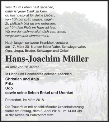 Traueranzeige von Hans-Joachim Müller von Strelitzer Zeitung