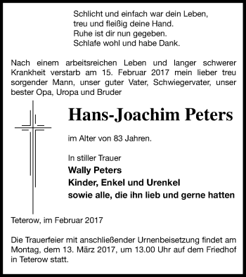Traueranzeige von Hans-Joachim Peters von Mecklenburger Schweiz