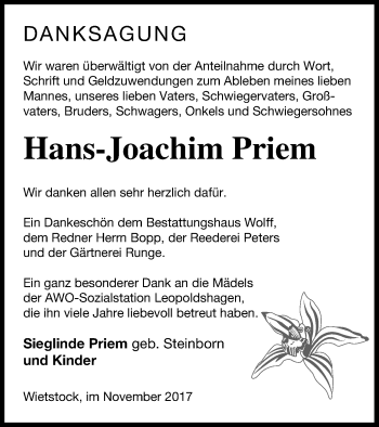 Traueranzeige von Hans-Joachim Priem von Vorpommern Kurier