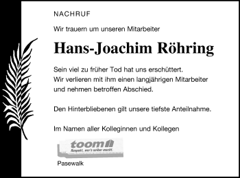 Traueranzeige von Hans-Joachim Röhring von Pasewalker Zeitung