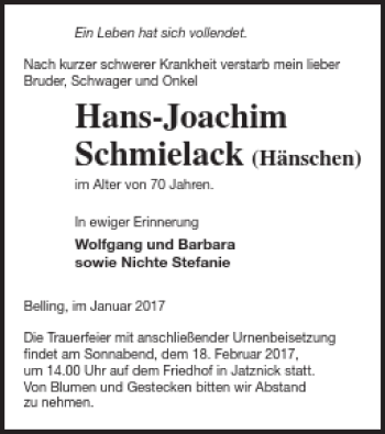 Traueranzeige von Hans-Joachim Schmielack von Pasewalker Zeitung