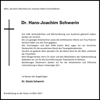 Traueranzeige von Hans-Joachim Schwerin von Demminer Zeitung