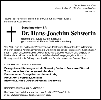 Traueranzeige von Hans-Joachim Schwerin von Vorpommern Kurier