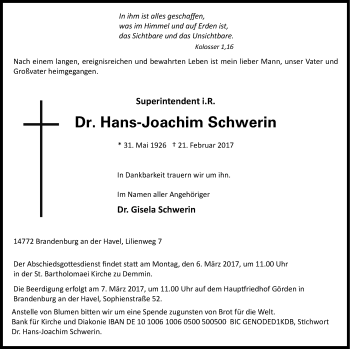 Traueranzeige von Hans-Joachim Schwerin von Demminer Zeitung