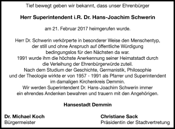 Traueranzeige von Hans-Joachim Schwerin von Demminer Zeitung
