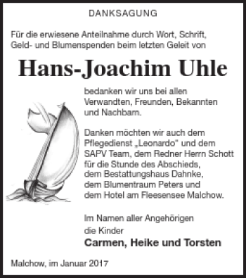 Traueranzeige von Hans-Joachim Uhle von Müritz-Zeitung