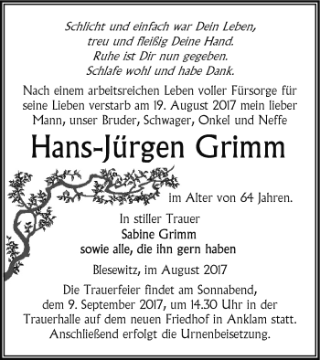 Traueranzeige von Hans-Jürgen Grimm von Vorpommern Kurier