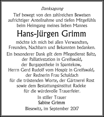 Traueranzeige von Hans-Jürgen Grimm von Vorpommern Kurier