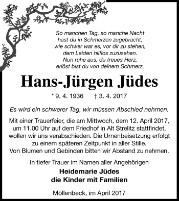 Traueranzeige von Hans-Jürgen Jüdes von Strelitzer Zeitung