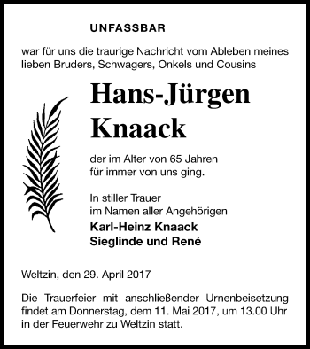 Traueranzeige von Hans-Jürgen Knaack von Neubrandenburger Zeitung