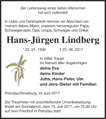 Traueranzeige von Hans-Jürgen Lindberg von Pasewalker Zeitung