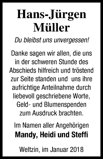 Traueranzeige von Hans-Jürgen Müller von Neubrandenburger Zeitung