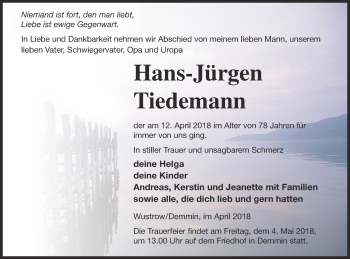 Traueranzeige von Hans-Jürgen Tiedemann von Demminer Zeitung